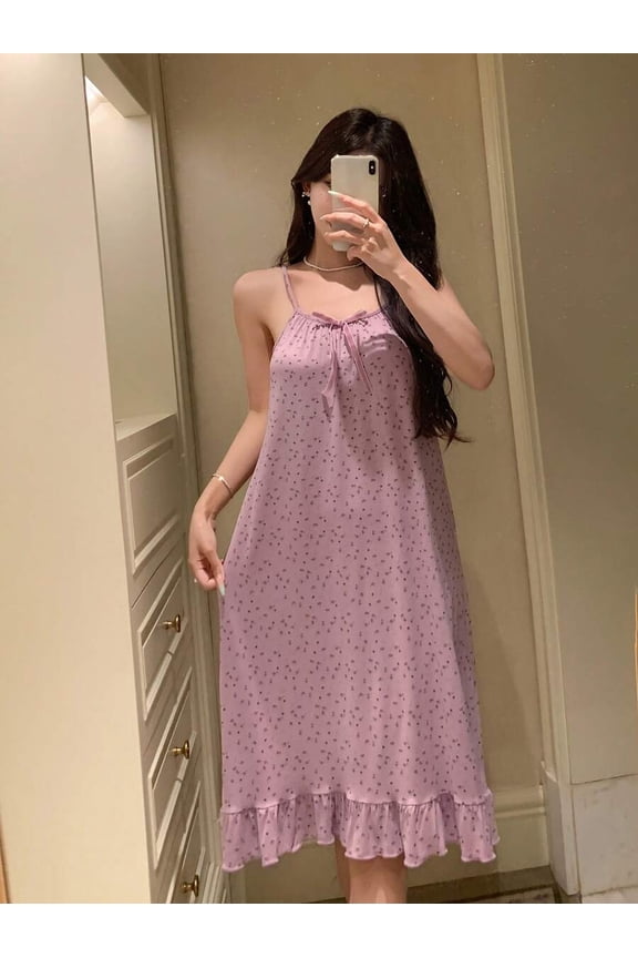 Purple Ditsy Floral Ruffled Hem Slip Sleep Dress For Women