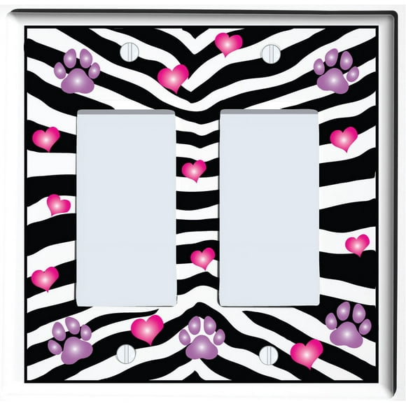 Purple Dog Paw Prints with Pink Hearts and Zebra Print Double Rocker Switch Plate Wall Decor