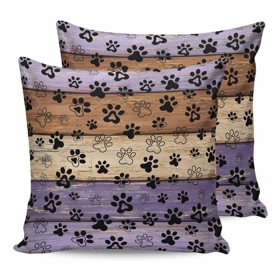 Purple Dog Paws 24x24 Pillow Covers Set of 2, Farmhouse Vintage Modern Purple Brown Wood Throw Pillow Covers Decorative Couch Cushion Case, Microfiber Square Pillowcases for Bedroom Car Living Room
