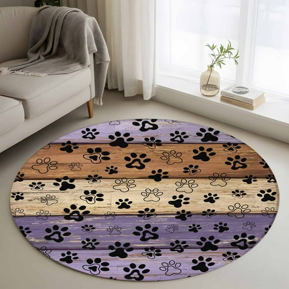 Purple Dog Paws 3ft Round Rug, Farmhouse Vintage Modern Purple Brown Wood Non-Skid Rubber Backing Large Area Rugs - Living Room Bedroom Home Office, Indoor Floor Mat Carpets Washable Rug