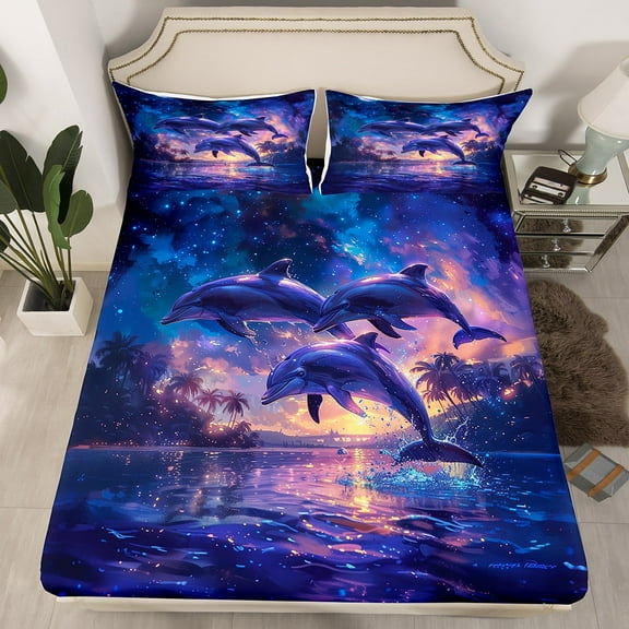 Purple Dolphin Queen Fitted Sheet,Sea Animal Ocean Life Bedding Set,Purple Galaxy Starry Sky Bed Set Coastal Palm Tree Marine Bottom Sheets 3Pcs(No Top Sheet)