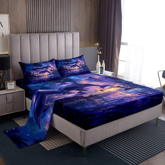 Purple Dolphin Twin Bed Sheets Set,Sea Animal Ocean Life Bedding Set,Purple Galaxy Starry Sky Sheets Coastal Palm Tree Marine Fitted Sheet Set 3Pcs