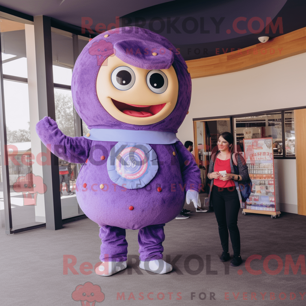 Purple Donut REDBROKOLY mascot costume character dressed with a Mom ...