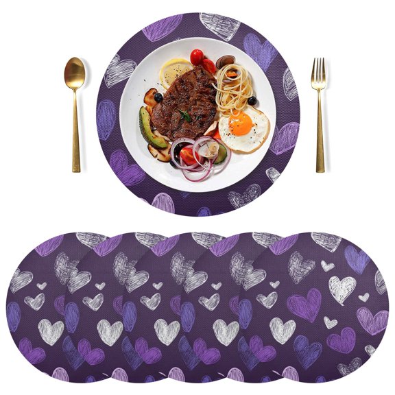 Purple Doodle Hearts Valentine PVC Round Grid Placemat Table Mat Set 6 Pcs 15.4" x 15.4"