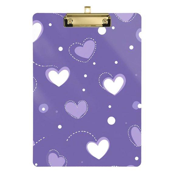 Purple Doodle Hearts and Dots Acrylic Clipboard Drawing Board with Hook Writing Pad File Storage A4 Size Gold 12.5" x 9"