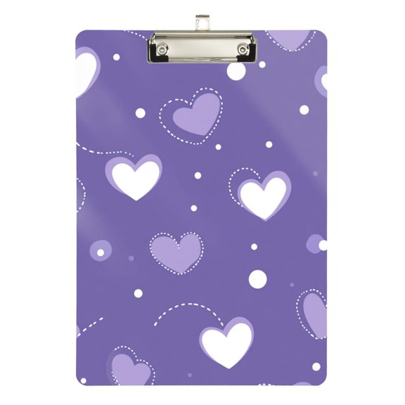 Purple Doodle Hearts and Dots Acrylic Clipboard Drawing Board with Hook Writing Pad File Storage A4 Size Silver 12.5" x 9"