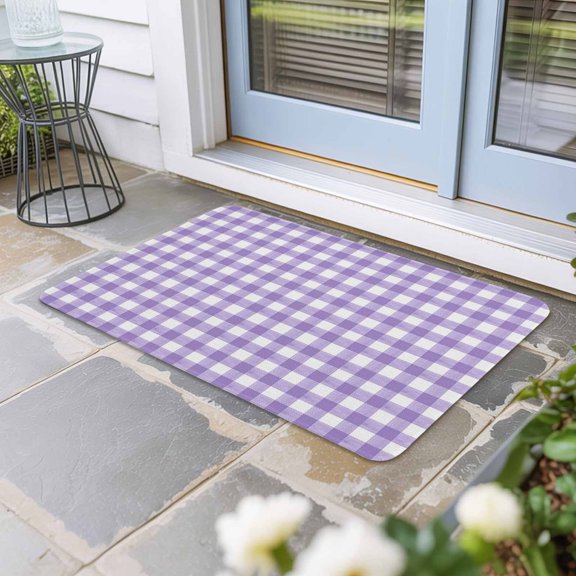Purple Door Mat Indoor Outdoor, Country French Rustic Buffalo Plaid Modern Art Non Slip Welcome Mat with Rubber Backing, Absorbent Fabric Front Door Mats Entryway Rug for Home Patio Entrance 16"x24"