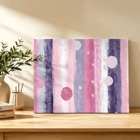 Purple Dots Canvas Wall Art, Modern Watercolor Pink Purple Dots Stripes Wall Art Prints Artwork Framed Canvas Ready to Hang Art Pictures for Bathroom Bedroom Entry Desk Corner 10" x 8"