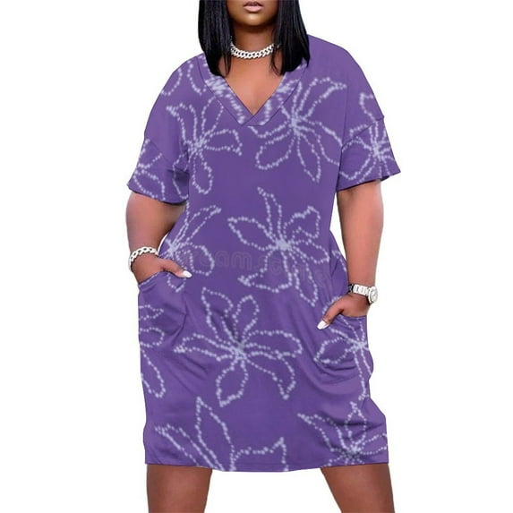Purple Dotted Floral Seamless Pattern Summer Sundress for Curve Women Casual Pattern Plus Size V Neck Short Sleeve Loose Fit Oversize Dresses