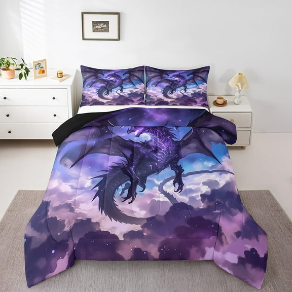 Purple Dragon 3 Pcs King Size Comforter Set,Ancient Mysterious Animal Down Alternative Adults Bedroom Decor,Purple Cloud Ultra Soft Microfiber Inner Fill 3Pcs Bedding