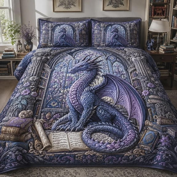 Purple Dragon Bedspread, Fantasy Dragon Quilt, Gothic Bedroom Decor, Medieval Castle Gift, Mythical Bedding