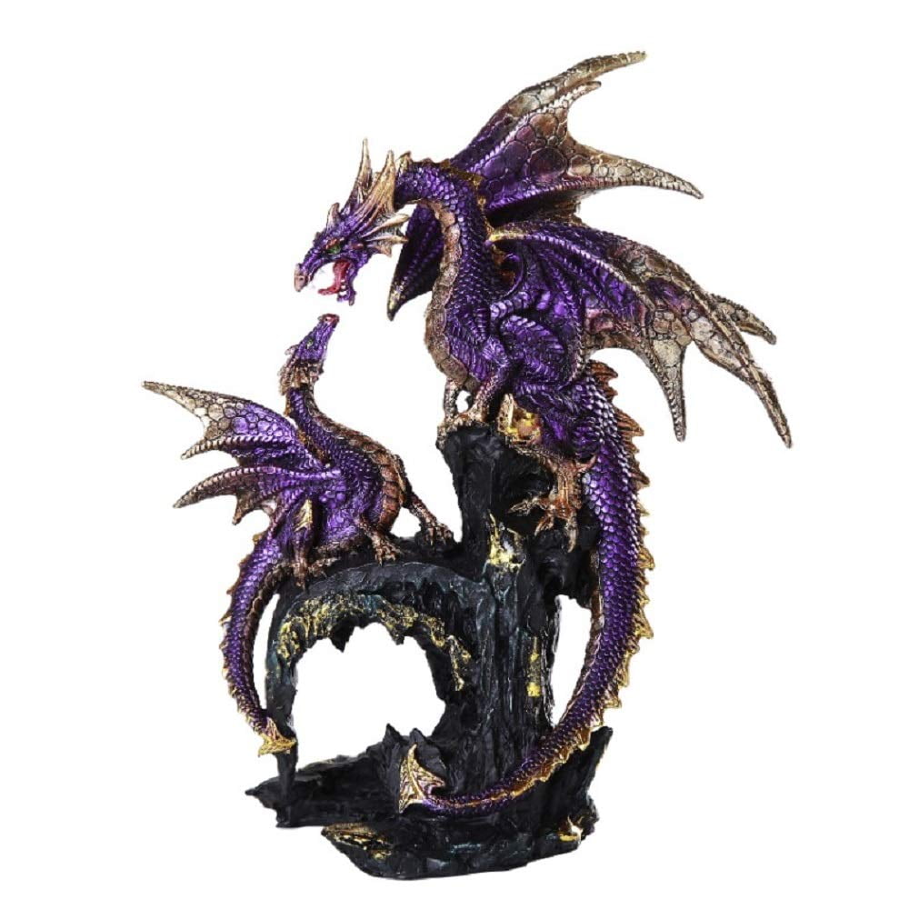 Purple and Gold Resin Dragon Family Figurine, 9 Inches Tall