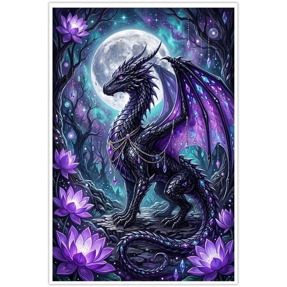 Purple Dragon Fantasy Wall Art Aesthetic Moon Crystal Mythical Poster Decor