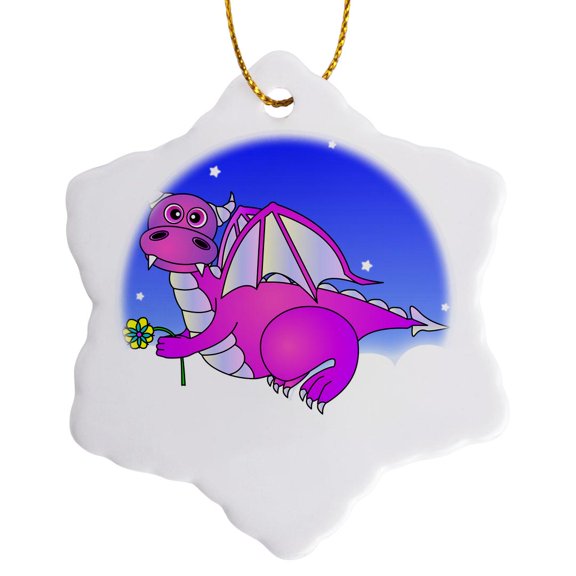 3drose, Purple Dragon Flying in the Clouds, 3 inch Snowflake Porcelain Ornament