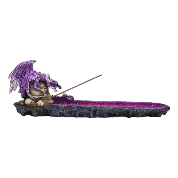 Purple Dragon Perching On Skull Graveyard Faux Crystals Geode Incense Burner