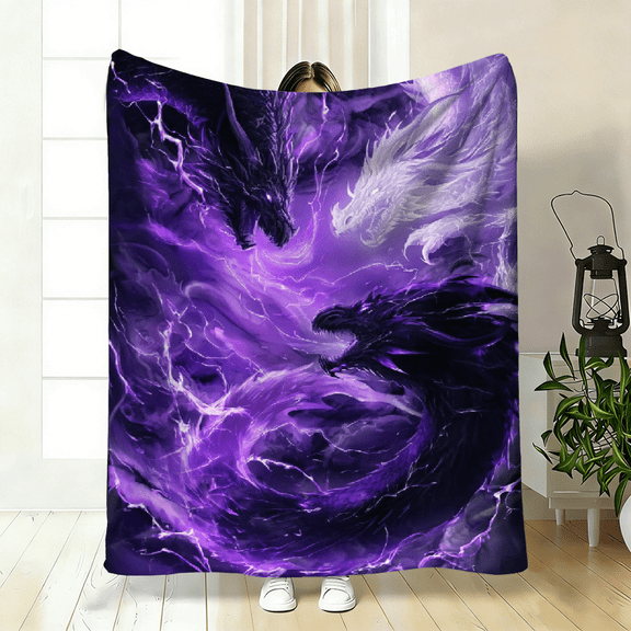 Purple Dragon Print Flannel Throw Blanket. Cozy All Season Decorative Blanket for Home Decor, Bed and Travel.