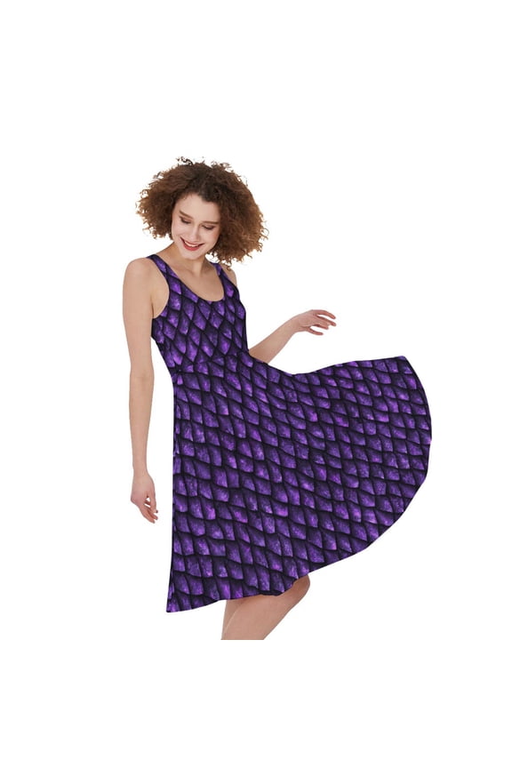 Purple Dragon Scales Pattern Print Sleeveless Knee Length Dress, Dragons Fashion Summer Maxi Dress For Women.
