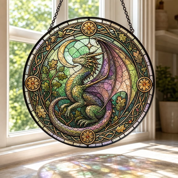 Purple Dragon Stained Glass Suncatcher, Gothic Mystic Mandala Window Hanging Decor, Fantasy Winged Beast Ornament, Unique Gift for Men Her