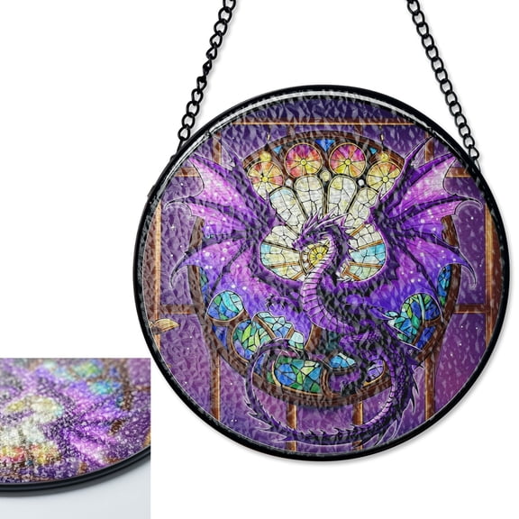 Purple Dragon Stained Glass Window Hanging, Fantasy Kid Room Decor