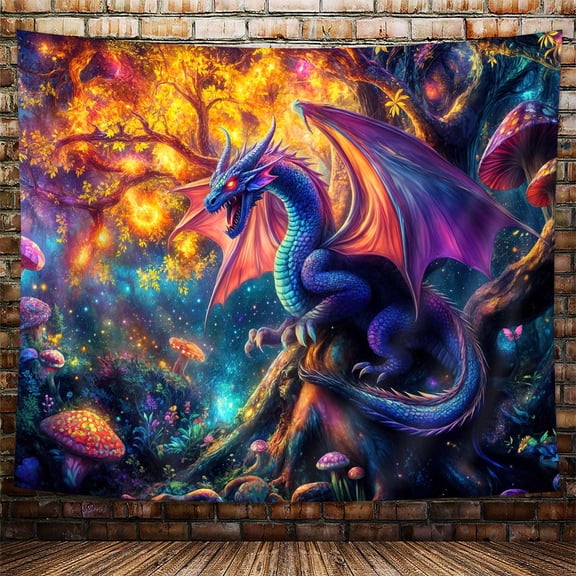 Purple Dragon Tapestry, Fantasy Gothic Animal Medieval Dragon Tapestry Wall Hanging for Men, Nature Landscape Trippy Mushroom Tree Tapestries Aesthetic for Living Room College, 40X30in