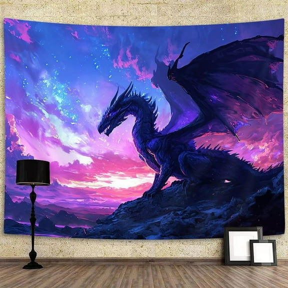 Purple Dragon Tapestry, Medieval Fantasy Animals Cool Dragon Tapestry, Dreamy Starry Sky Art Aesthetics Wall Decor Tapestry Wall Hanging for Home College Dorm Living Room, Panels 70 x 60IN