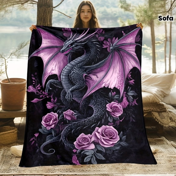 Purple Dragon and Roses Floral Print Fleece Throw Blanket - Lightweight Warm Polyester for Sofa, Bed, Travel, Office