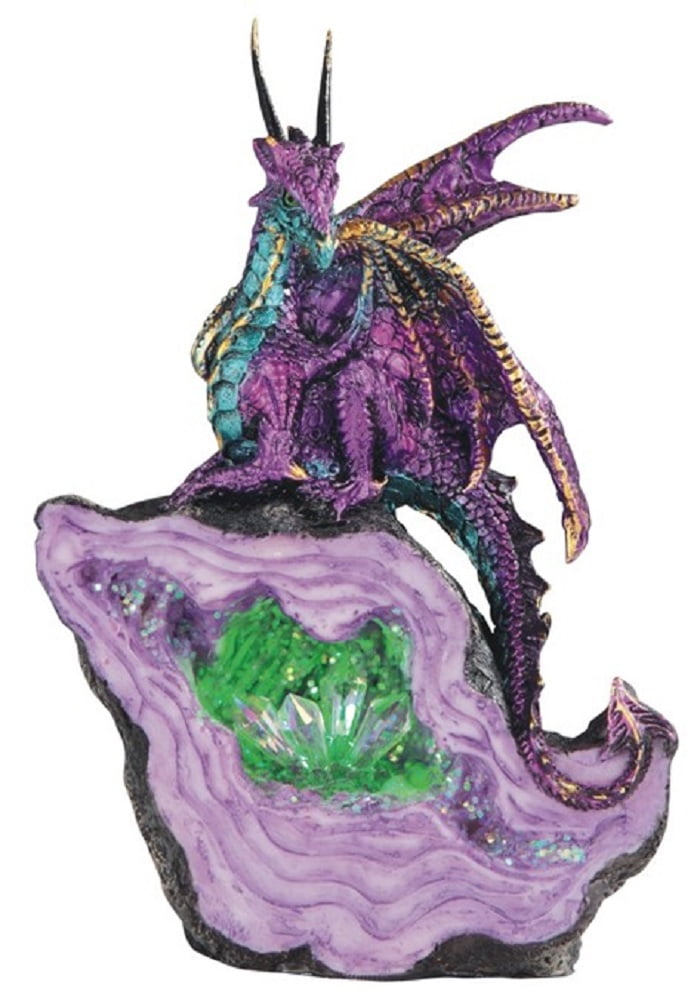 Purple Dragon on Stone with LED Light up Crystals Medieval Fantasy Figurine New