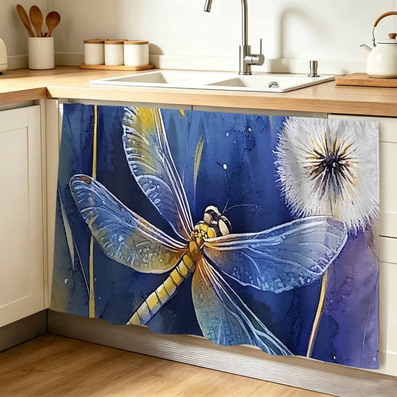 Purple Dragonfly Cabinet Curtain 32"Wx55"L, Dustproof Pantry Door Curtain with Self Adhesive Tape, Watercolor Spring Summer Floral Tall Storage Cover Privacy Drape for Bathroom Kitchen Laundry Room