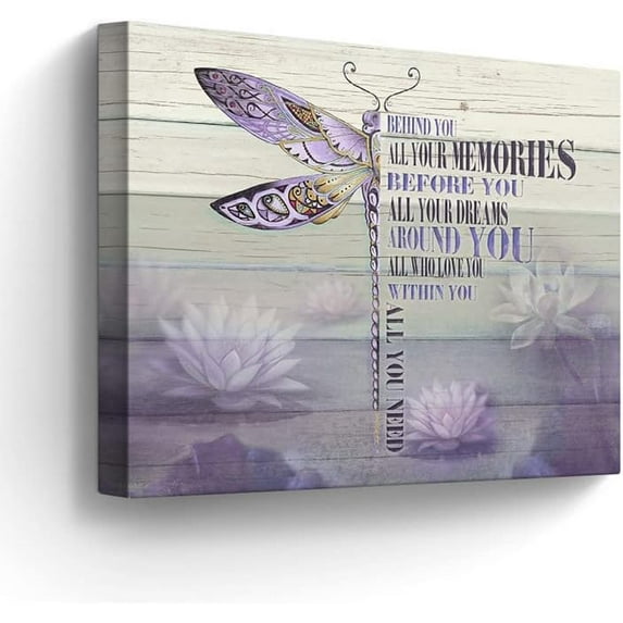 Purple Dragonfly Canvas Wall Art Inspirational Quotes Pictures Purple Wall Decor Purple Lotus Painting for Bedroom Bathroom Living Room Prints Artwork Framed 12"x16"
