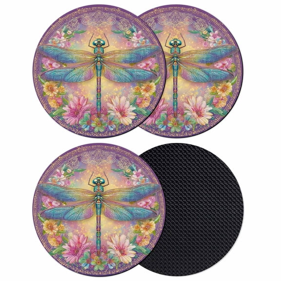 Purple Dragonfly Coasters Set of 4, Absorbent Coasters for Drinks, Colorful Flowers Watercolor Chic Floral Plant Coaster for Desk Coffee Table Protection, Home Decor House Warming Gifts 4"