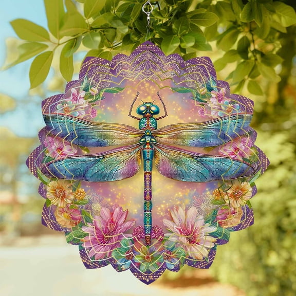 Purple Dragonfly Flower Wind Spinner for Garden Yard 8In, Watercolor Green Purple Dragonfly Floral Leaf 3D Stainless Steel Kinetic Hanging Wind Spinners Rustproof Outdoor Decor for Lawn Patio Home