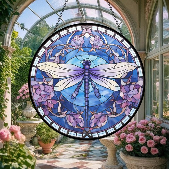 Purple Dragonfly Glass Suncatcher, Insect Theme Window Garden Decoration Floral Elements, 3.5 in