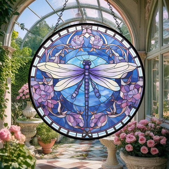 Purple Dragonfly Glass Suncatcher, Insect Theme Window Garden Decoration Floral Elements, 7.9 in