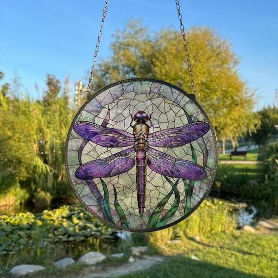 Purple Dragonfly Painted Stained Glass Suncatcher, Window Hanging Decor, Outdoor Sun Catcher Decor, Dragonfly Wall Décor