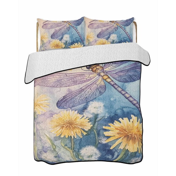 Purple Dragonfly Quilts Bedding Set California King Yellow Dandelion Spring Watercolor Flowers Plant Lightweight Quilted Bedspread 3 Piece Bed Quilt with 2 Pillow Shams for Bedroom 96" x 106"