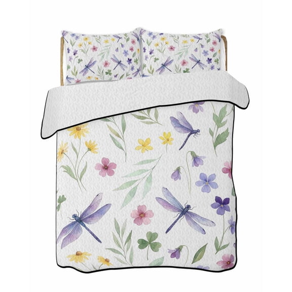 Purple Dragonfly Quilts Bedding Set King Size Summer Watercolor Purple Pink Floral Leaf Lightweight Quilted Bedspread 3 Piece Bed Quilt with 2 Pillow Shams All Season for Bedroom 90" x 96"