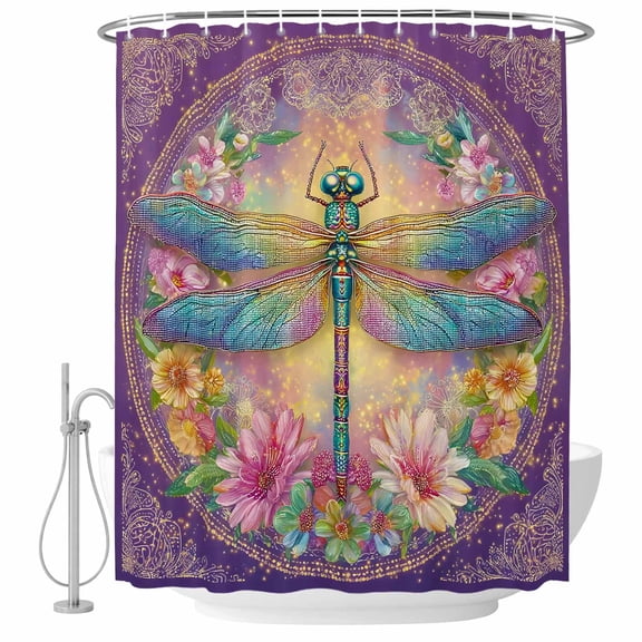 Purple Dragonfly Shower Curtains for Bathroom, Waterproof Bath Curtains Decor, Bath Tub Curtain Colorful Flowers Watercolor Chic Floral Plant Decorative Shower Curtain Sets with 12 Hooks, 72x72 Inch