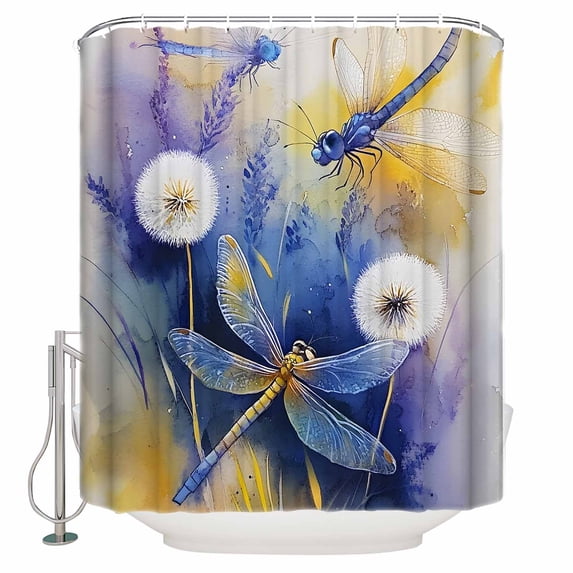 Purple Dragonfly Shower Curtains for Bathroom Waterproof Fabric Bath Curtains Decor Bath Tub Curtain Watercolor Spring Summer Floral Decorative Shower Curtain Sets with 12 Hooks, 72x72 Inch