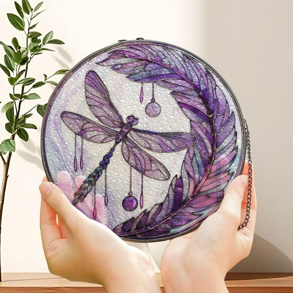 Purple Dragonfly Stained Glass Suncatcher, Dragonfly Moon Suncatcher, Insect Garden Art, Nature-Inspired Glass Panel, Spring Decor Home