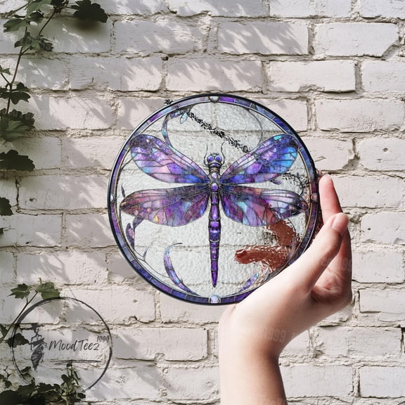 Purple Dragonfly Stained Glass Suncatcher: Round Window Hanging
