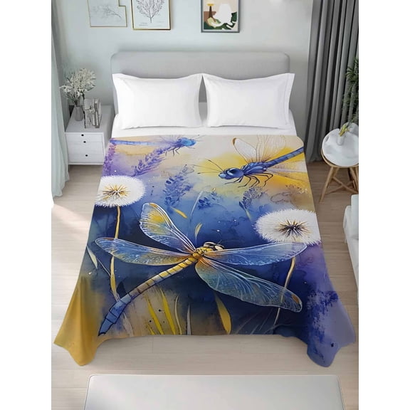 Purple Dragonfly Twim Size Flat Sheet, Wrinkleproof & Fadeproof Cooling Flat Bed Sheet Only, Watercolor Spring Summer Floral Breathable Soft Bedding Top Sheets 66 x 96 Inches