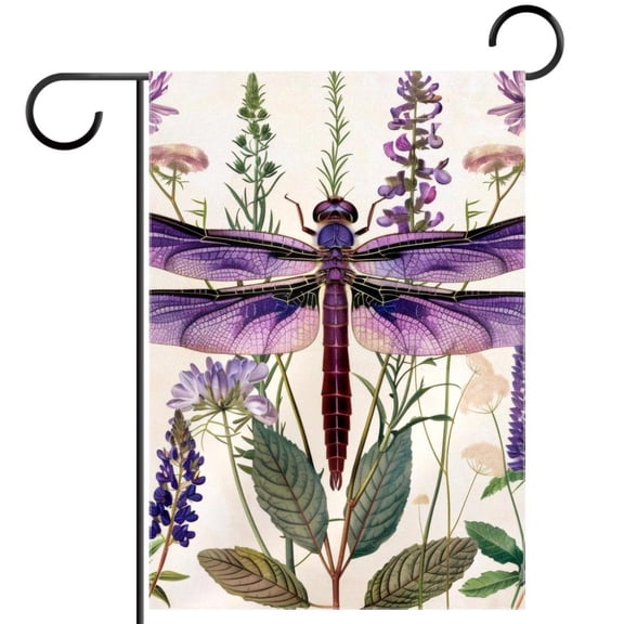 Purple Dragonfly Wildflowers Floral Herbs Antique Botanical Double Sided Garden Flag Decorative Weather Resistant Yard Flag, Large DIY Vertical Flag for Farmhouse Patio Lawn, 28x40 Inch