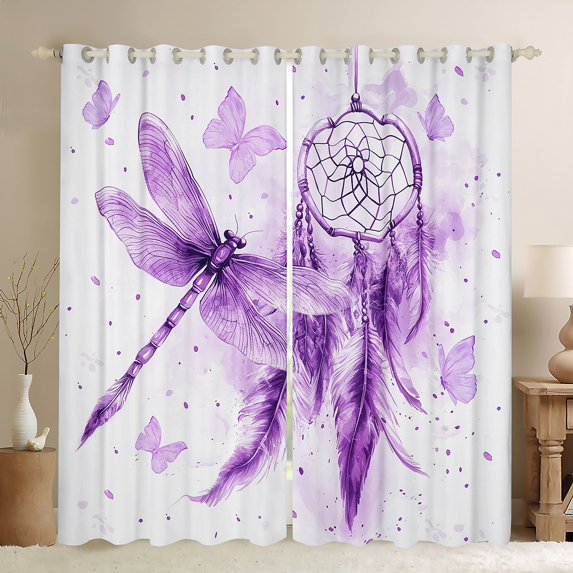 Purple Dragonfly Window Curtains Watercolor Animal Feather Dreamcatcher Window Drapes Teens Adults Wild Butterfly Decor Dreamy Curtains for Living Room 2 Panels 38Wx45L