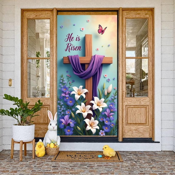 Purple Drape Easter Banner White Lily Cross Backdrop Brown Wooden Cross Cute Bunny Religious Backdrop for Easter Celebration Church Event Resurrection Sunday
