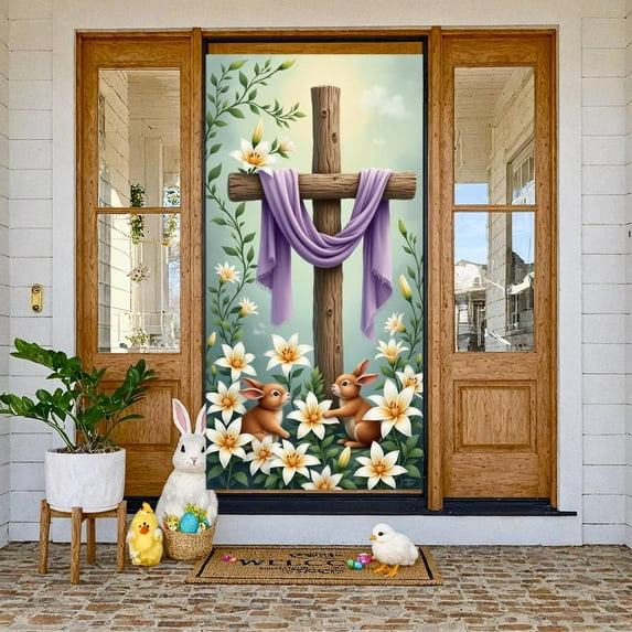 Purple Drape Easter Banner White Lily Cross Backdrop Brown Wooden Cross Cute Bunny Religious Backdrop for Easter Celebration Church Event Resurrection Sunday