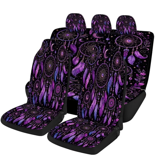 Purple Dream Catcher Car Seat Covers Full Set, Universal Auto Seat Covers with Front Seat Covers, Rear Bench Cover and Headrest Covers for Cars SUVs Trucks Vans, Boho Interior Accessories