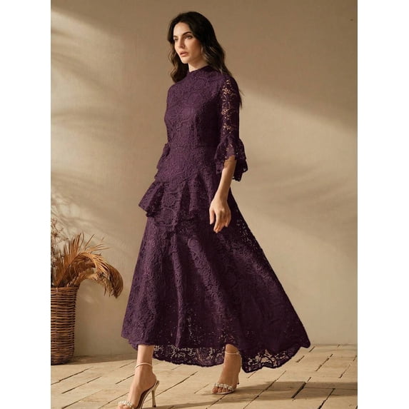 Purple Dress With High Neck And Ruffle Sleeve