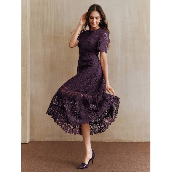 Purple Dress With Short Sleeve And High-Low Ruffled Hem