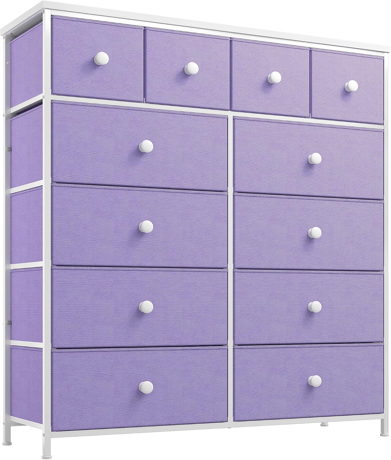 Lavender Fabric Tall Dresser with White Metal Frame, 12 Drawers