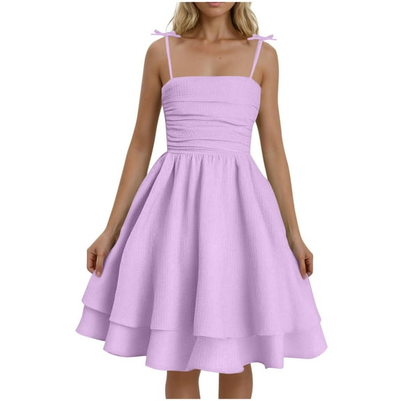 Purple Dresses for Women Summer Fall Spaghetti Strap Lace Midi Knee High Casual Cute Pleated Camisole Tie Knot Tiered Basic Dresses Women 2025 Soft Comfy Clothing M